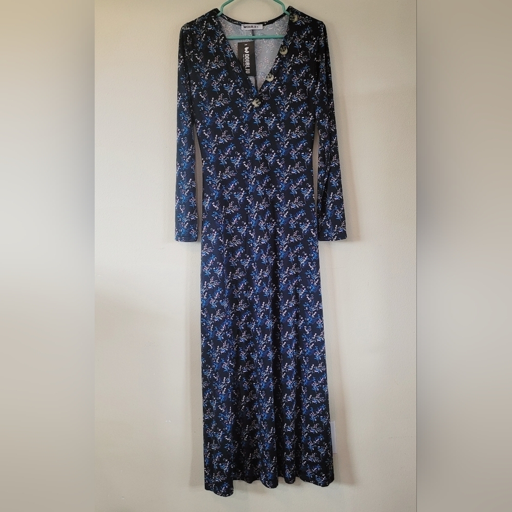 Women’s Small Long Sleeve Long Dress Navy Blue Floral Print Doublju